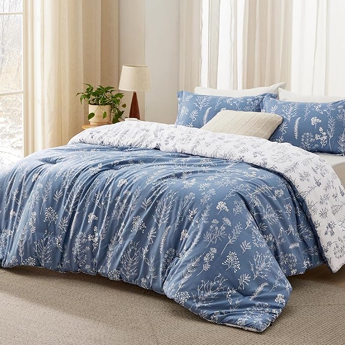 Bedsure Queen Comforter Set - Infinity Blue Bed Set, 3 Pieces Cute Floral Bedding, 1 Soft Reversible Botanical Flowers Comforter and 2 Pillow Shams