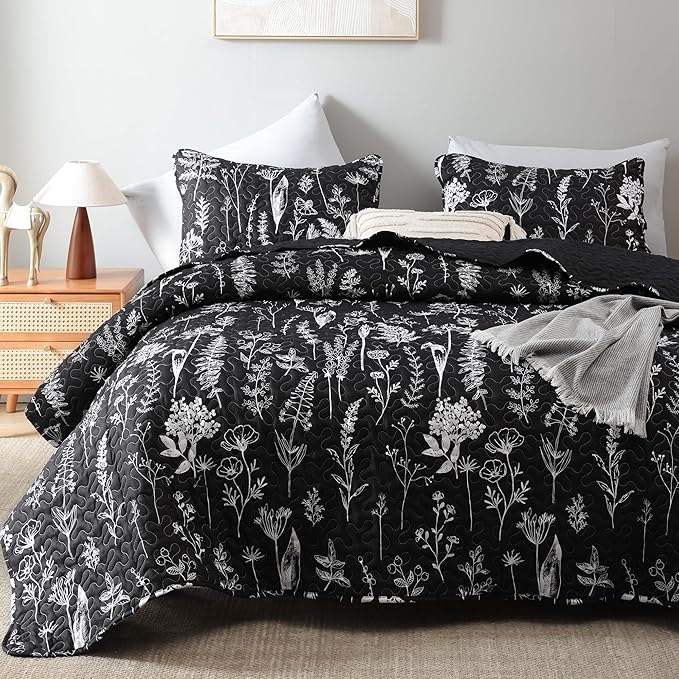 JANZAA Quilts Queen Size Bed Spread Botanical 3 Pieces Quilts Queen Size Sets with Floral Pattern Lightweight Microfiber Bedding Reversible 1 Quilt and 2 Pillow Cases-Black