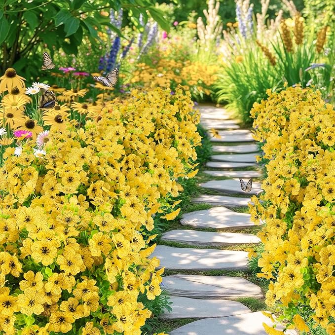 Artificial Flowers Outdoor Faux Plants UV Resistant Fake Patio Flowers Plastic Greenery Plnats Outside Bulk for Spring Garden Hanging Planter Home Vase Decor, 12 Bundles (Yellow)