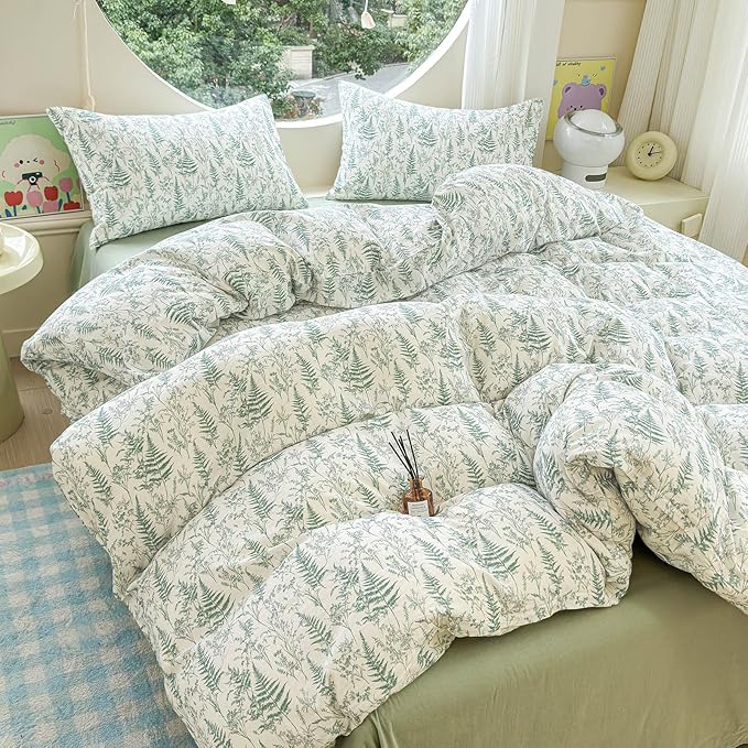 LifeTB Muslin Duvet Cover Queen Size 100% Cotton Botanical Floral Comforter Cover Ultra Soft Cottagecore Bedding Set Lightweight Linen Feel Textured Breathable Gauze Duvet Cover with 2 Pillowcases
