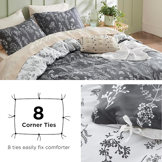 Bedsure Duvet Cover Queen Size - Reversible Dark Grey Queen Duvet Cover Set with Zipper Closure, 3 Pieces Floral Patterned Bedding Set with 8 Corner Ties and 2 Pillow Shams