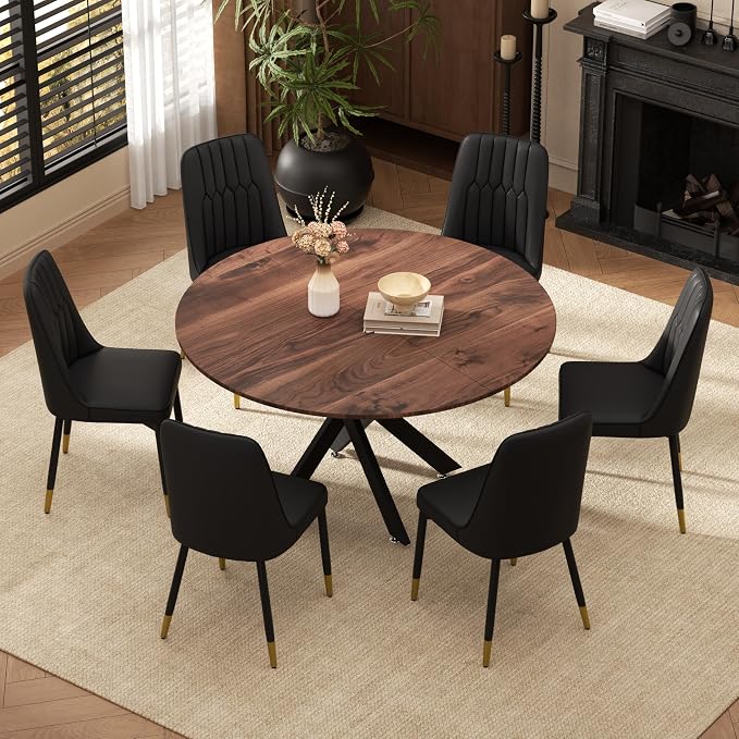 RGZ Mid Century Walnut Round Dining Table Set for 6, 47" Large Wooden Circle Kitchen Table & 6 Black PU Leather Kitchen Chairs, Dinner Table Set for Home, Apartment, Dining Room