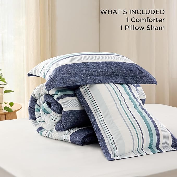 Bedsure Twin/Twin XL Comforter Set - Twin Extra Long Comforter Set for Boys, Striped Dorm Bedding, 2 Pieces, 1 Soft Reversible Blue Comforter and 1 Pillow Sham