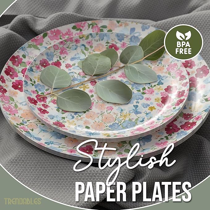 Trendables Floral Paper Plates 8.5 Inch & 10.5 Inch 40 Pcs Dinner Plate Set Fancy Disposable Plates for Party for 20 Guests 20 X 8 & 20 X 10 Large & Small Paper Plate Set for Parties Meadow