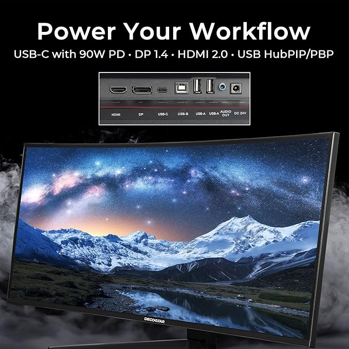 Deco Gear 40” 5K UltraWide Monitor (5120×2160), IPS, HDR10, 21:9, 100% sRGB / 96% DCI-P3, USB-C, HDMI, DP, PIP/PBP, Adaptive Sync - Pro Color Accuracy for Creators & Multitasking - American Seller