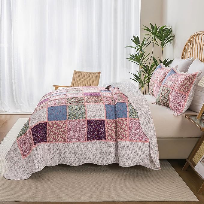 HoneiLife Queen Quilt Bedding Sets - Patchwork Quilt Bedding Sets 3-Piece 90x96, Reversible Bedspreads Floral Coverlet Nostalgic Bedding Set All Season Quilts