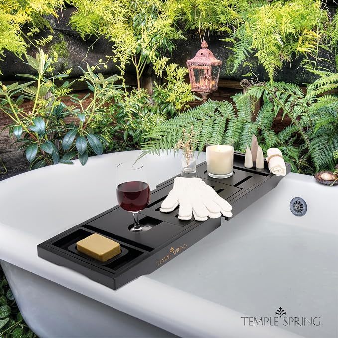 Temple Spring Bamboo Bathtub Tray Caddy for Tub — Expandable Wood Bath Tray with Solid Book Stand Wine Holder and Non-Slip Pads — Includes Bamboo Soap Dish and Spa Accessories — Luxury Bath Gift Set