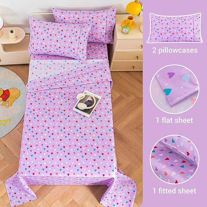 Viviland 4 Pieces Girls Purple Full Sheet Set - Soft Microfiber Fitted Flat Sheets & Pillowcases - Colorful Hearts Printed Bedding Sets - for Kids & Toddlers