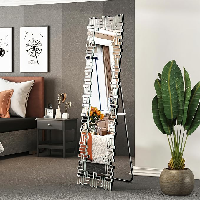 KOHROS 63"x 21" Full Length Mirror, Venetian Floor Mirror with Mirrored Frame, Glam Freestanding Leaning Wall Mirror for Bedroom Living Room Decor (Silver)