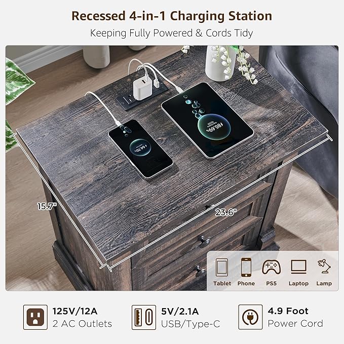 T4TREAM 24" Wide 3 Drawer Dressers, Farmhouse 26" Tall Bedside Side Table with 3 Drawers, Wooden Side Table with Roman Column, End Table for Bedroom, Living Room, Hallway, Dark Rustic Oak
