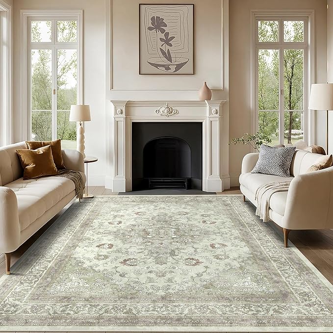 vivorug 6x9 Area Rugs, Ultra-Soft Washable Rug for Living Room Dinner Room Bedroom, Non-Slip Vintage Sage Green Rug, Indoor Carpet Large Area Rug