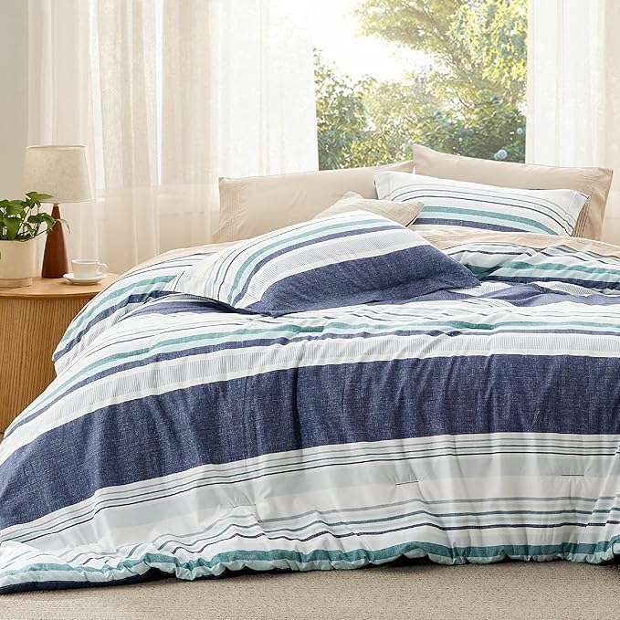 Bedsure Twin/Twin XL Comforter Set - Twin Extra Long Comforter Set for Boys, Striped Dorm Bedding, 2 Pieces, 1 Soft Reversible Blue Comforter and 1 Pillow Sham