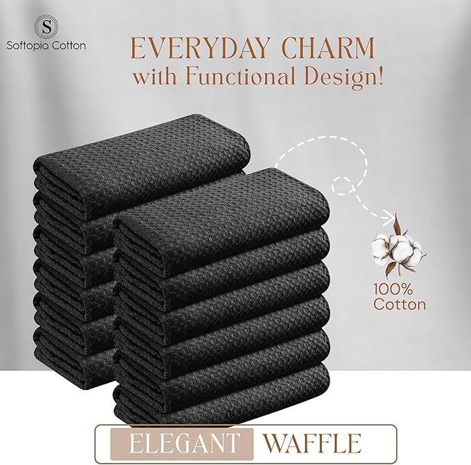 Black Waffle Kitchen Dish Towels 100% Cotton, Soft, Absorbent, Quick Drying, Multipurpose Use, Bar & Tea Towels, 16x26 Inches, Durable, Machine Washable, Reusable, Set of 12