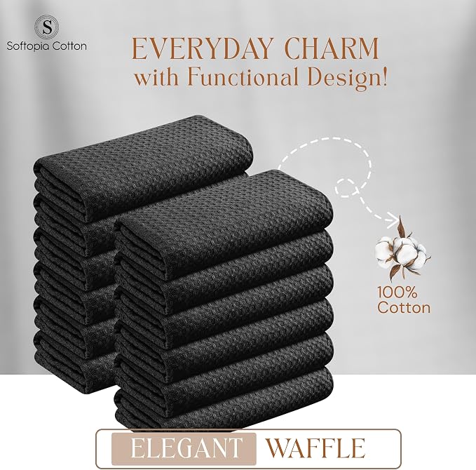 Black Waffle Kitchen Dish Towels, 100% Cotton, Quick Dry, Super Absorbent, Soft, 16x26 Inches - Ideal for Dish Drying, Bar, Hand Wipe, Cleaning, and Everyday Use, 4 Pack