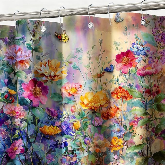 Wildflower Shower Curtain Colorful Flower Butterfly Shower Curtains for Bathroom Waterproof Fabric Bath Curtain Decor with Hooks