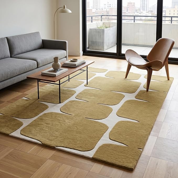 Restoration and Renovation Modern Wool Area Rug - Contemporary Abstract Geometric Design, Thick & Soft Hand-Tufted Carpet - Ideal for Indoor Decor in Living Room, Bedroom (Gold, 10' x 14')