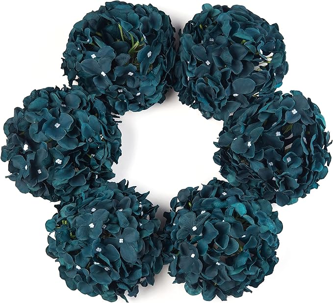 DuHouse Silk Hydrangea Artificial Flower Heads with Stems Fake Hydrangeas Flowers for DIY Wedding Centerpiece Home Decor,Pack of 6(Peacock Blue)