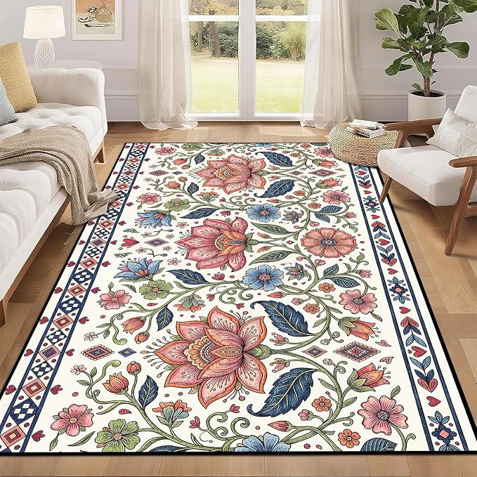 4'x6' Boho Floral Area Rug Vintage Colorful Botanical Carpet Non-Slip Washable Rugs for Bedroom Living Room Nursery Kitchen Playroom Home Decor