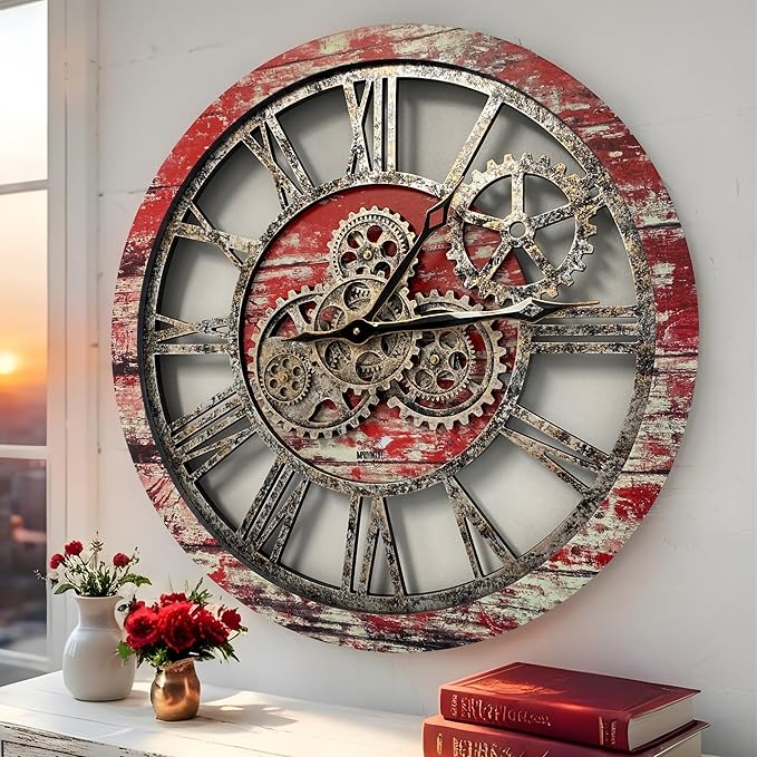 ImprovingLife The Gears Clock The Original Real Moving Gear Wall Clock Vintage Industrial Oversized Rustic Farmhouse (24 inch (60cm),Red Lava)