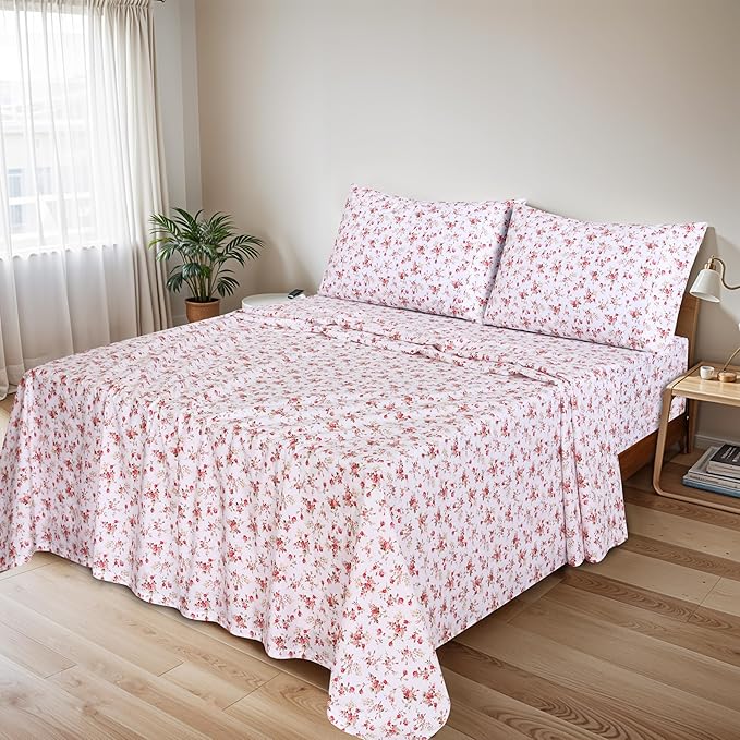 RUVANTI 100% Cotton Split King Sheets Sets for Adjustable Bed, 5 PCs, Soft & Breathable Percale Weave Bedding, Deep Pocket 16", Hotel Standard, Crisp Cool Feel & Durable, Floral Sheet, Bouquet