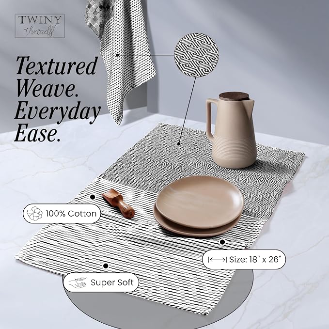 TWINY threads Kitchen Dish Towel Diamond Design, Premium Large 100% Cotton Kitchen Linen Set, Dish Rags for Drying Dishes, Absorbent Quick Drying Wash Rags, Pack of 4, 18 x 26 Inch, Black