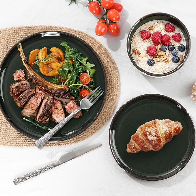 E-far Stoneware Dinnerware Sets for 6, 18 Pieces Reactive Glaze Plates and Bowls Sets, Elegant Dishes with Rustic Terracotta Clay Base, Dishwasher & Microwave Safe, Scratch Resistant, Blackish Green