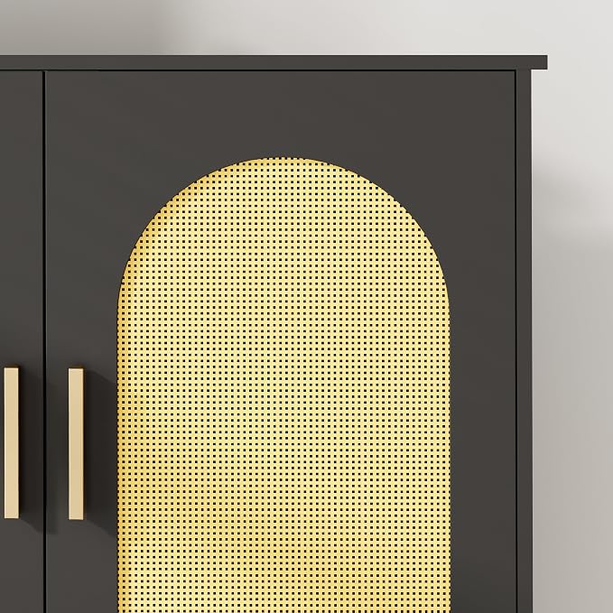Homhedy 67" H Over The Toilet Storage Cabinet, Bathroom Organizer with Rattan Decorated Doors, Adjustable Shelves, Toilet Paper Holder, Space-Saving Bathroom Shelf for Small Spaces, Natural and Black