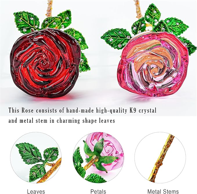 HDCRYSTALGIFTS 9.5'' Crystal Rose Flower Glass Pink and Rose Red Flower with Green Leaves for Wedding Anniversary/Wife, Romantic Forever Valentine's Gifts for Her (Pack of 2)