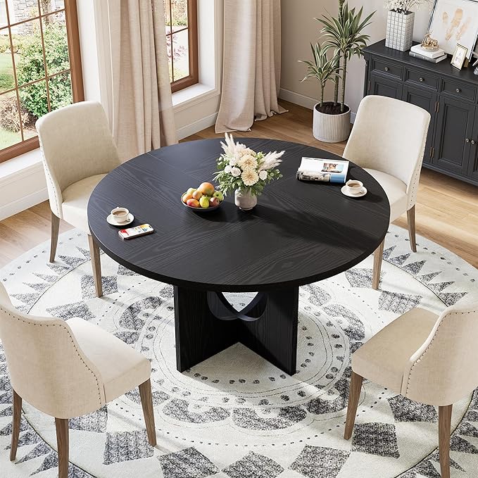 Garvee 47" Round Dining Table for 4-6 People - Circle Kitchen Dinner Table with Sturdy Pedestal Base, Space Saving Dinning Room Furniture for Living Room, Kitchen, Apartment, Black