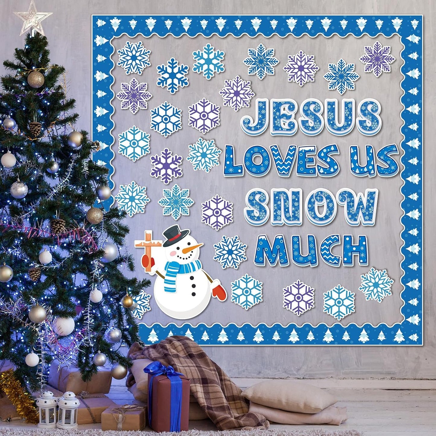 Skiennix Winter Bulletin Board Decoration Set - Snowflakes & Snowman Paper Cutouts | Christmas Classroom & Church Decor