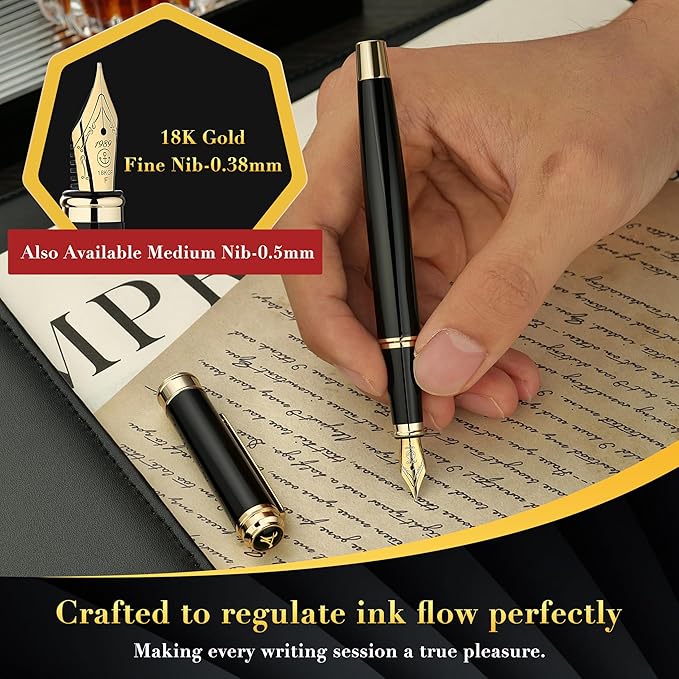 MCNTEIK 317 Fountain Pen,Stunning Luxury Black Piano Lacquer,18K Gilded Nib(Fine),Gorgeous 24K Gold Finish, Ink Converter,Fancy Gift for Men&Women-Elegant,Executive,Office,Nice Pens for Writing
