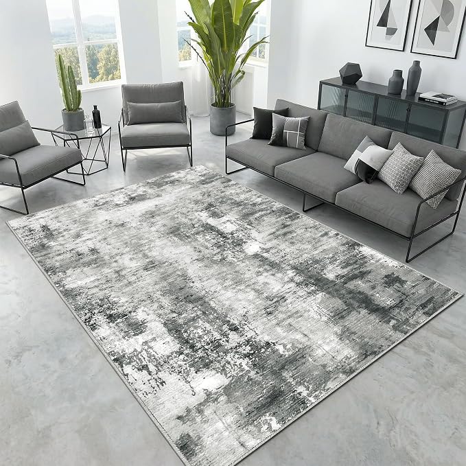 Merelax Washable Area Rugs 8'x10' Grey Abstract Rug for Living Room Bedroom Entryway Nursery, Dining Room and Farmhouse Rug, Non-Slip Modern Indoor Low Pile Soft Floor Carpet, Gray Print Pattern
