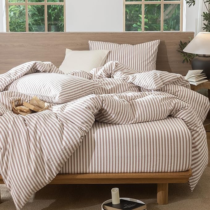 MooMee Striped Duvet Cover Set 100% Washed Cotton Linen Like Textured Breathable Durable Soft Comfy (Orange Classic Stripes, Full 80"x90")
