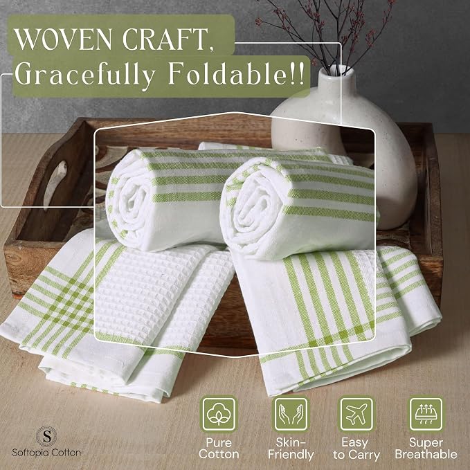 Waffle White & Lemon Green 12 Pack Kitchen Towels, 100% Cotton, 16x26 inches, Everyday Use Dish Cloths Set, Durable and Absorbent Hand Towel, Ideal for Drying Dishes, DIY Embroidery