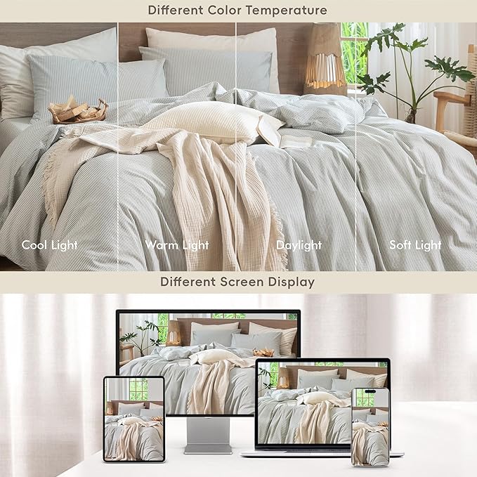 MooMee Striped Duvet Cover Set 100% Washed Cotton Linen Like Textured Breathable Durable Soft Comfy (Heathered Green Pinstripes, Full 80"x90")