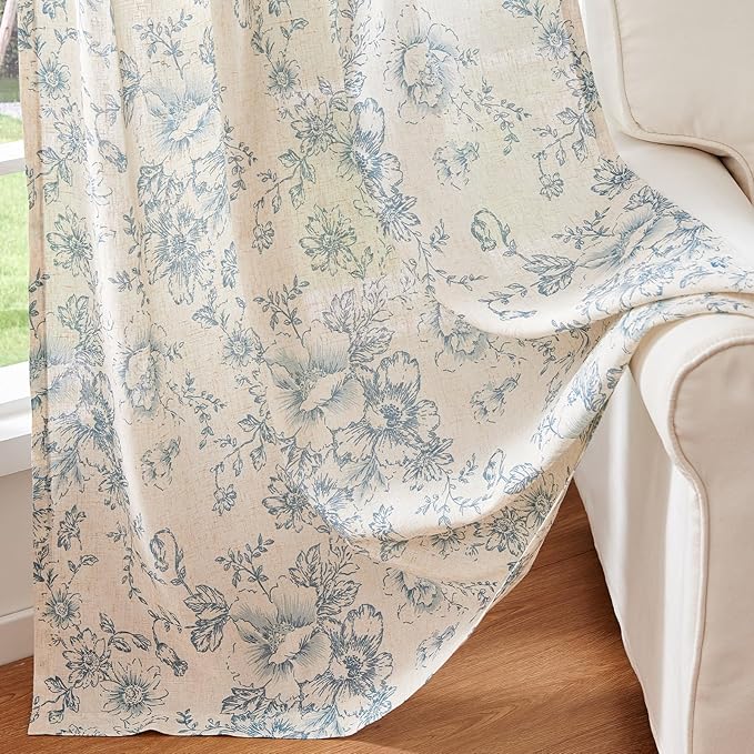 jinchan Linen Blend Curtain Floral Curtains for Living Room 63 Inch Length Blue Printed Curtain Rod Pocket Back Tab Farmhouse Peony Flower Patterned Drapes Bedroom Window Curtains Set 2 Panels