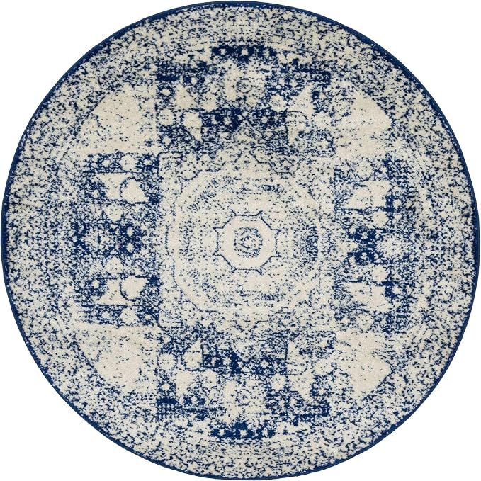 Unique Loom Bromley Collection Area Rug - Wells (5' 1" Round, Ivory and Blue/ Ivory)