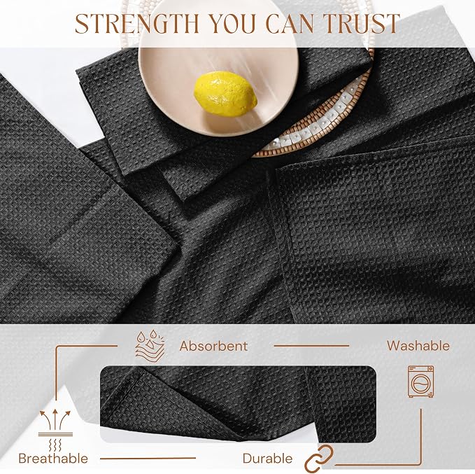 Black Waffle Kitchen Dish Towels 100% Cotton, Soft, Absorbent, Quick Drying, Multipurpose Use, Bar & Tea Towels, 16x26 Inches, Durable, Machine Washable, Reusable, Set of 12