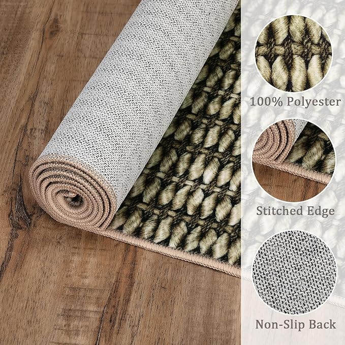 Washable 10x13 Modern Braided Print Area Rug for Living Room Low Pile Soft Bedroom Rugs Non Slip Modern Large Carpet Thin Foldable Boho Vintage Indoor Carpet for Playroom Open Living Room, Taupe