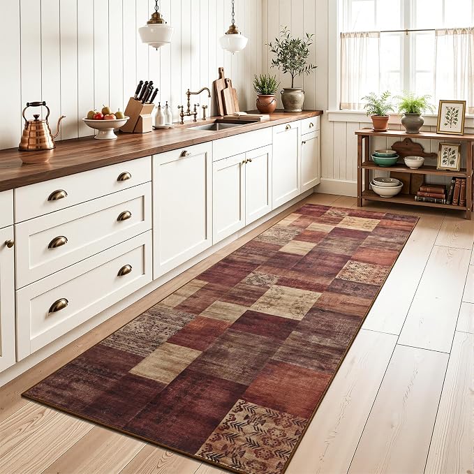 Tepook Modern Runner Rug for Living Room, 2x6 Washable Rugs for Bedroom Hallway, Geometric Patchwork Runner Rug Non-Slip Indoor Throw Carpet for Entryway Kitchen Office Home Decor, Red