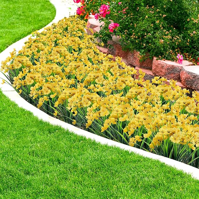 Ouddy Decor 24 Bundles Artificial Flowers for Decorations Fake Silk Plants for Outdoors UV Resistant Faux Plastic Greenery Stems for Garden Porch Window Box Home Spring Decor, Yellow