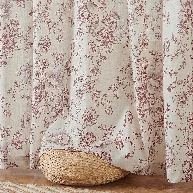 jinchan Linen Blend Curtain Floral Curtains for Living Room 84 Inch Length Christmas Brick Red Printed Curtain Rod Pocket Back Tab Farmhouse Peony Flower Patterned Drapes Curtains Set 2 Panels