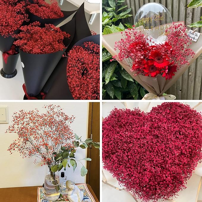 JIFTOK Babys Breath Artificial Flowers, 24 Pcs Fake Flowers Gypsophila Bouquet Fall Flowers Artificial for Decoration, Real Touch Silk Flower for Wedding Christmas DIY Party Home Garden Office (Red)