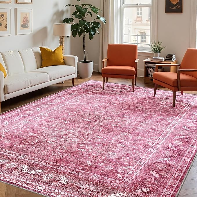 OPPODREAM Vintage Hot Pink Area Rugs 8x10, 8 x 10 Retro Washable Rug Non Slip, Low-Pile Faux Wool Carpet, Distressed Floor Mat for Living Room, Bedroom, Office, Dorm, Dinning Room, Big & Large