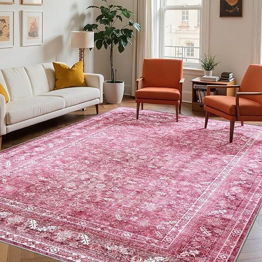 OPPODREAM Vintage Hot Pink Area Rugs 8x10, 8 x 10 Retro Washable Rug Non Slip, Low-Pile Faux Wool Carpet, Distressed Floor Mat for Living Room, Bedroom, Office, Dorm, Dinning Room, Big & Large