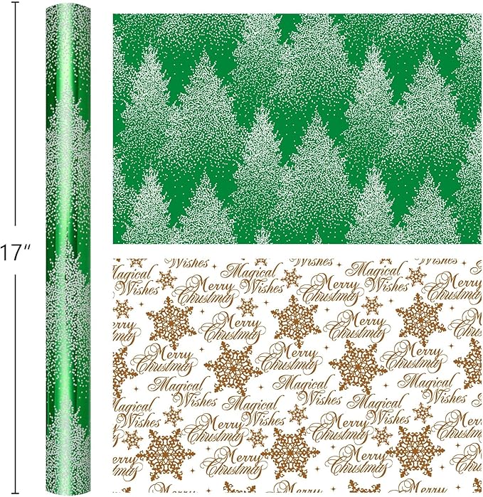 MAYPLUSS Christmas Wrapping Paper Roll, 17 Inch X 16.5 Feet Gift Wrapping Paper Featuring Green Christmas Tree Reversible Snowflake, Thick Wrap Paper for Holiday Party New Year Kids