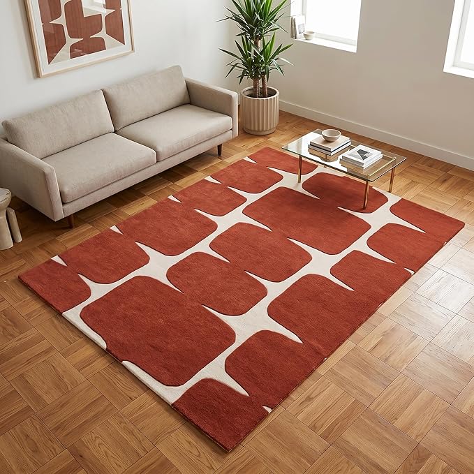 Restoration and Renovation Modern Wool Area Rug - Contemporary Abstract Geometric Design, Thick & Soft Hand-Tufted Carpet - Ideal for Indoor Decor in Living Room, Bedroom (Rust, 6' x 9')