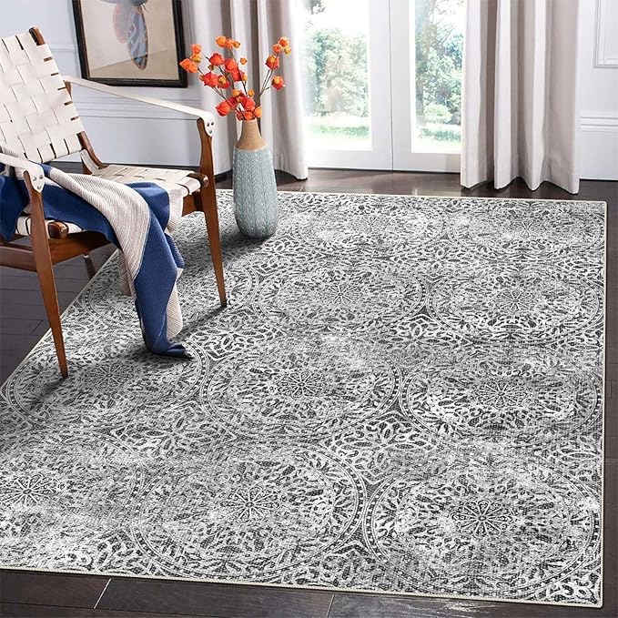 vivorug 6x9 Area Rugs, Ultra-Soft Washable Rug for Living Room Dinner Room Bedroom, Non-Slip Vintage Rug, Indoor Carpet Large Area Rug, Grey