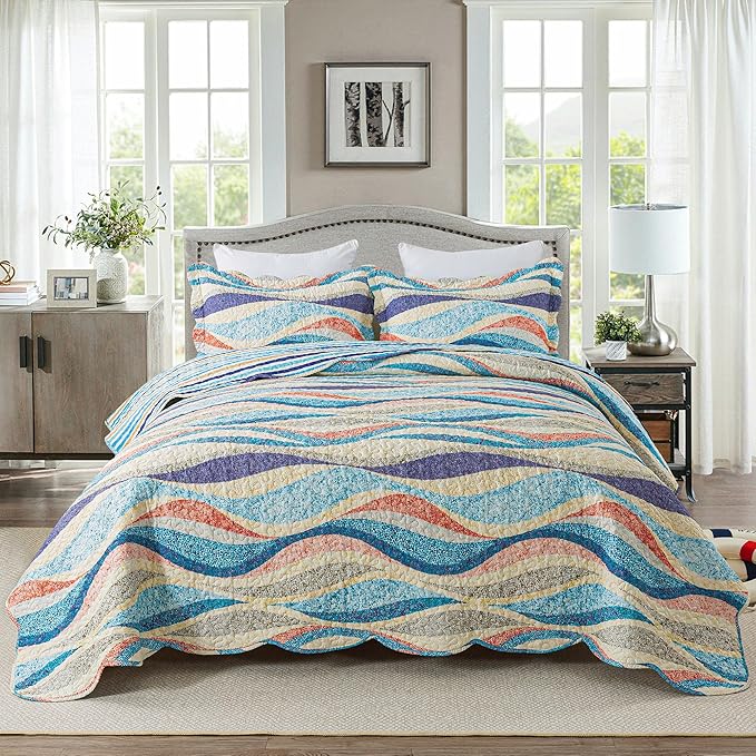 HoneiLife Coastal Quilt Sets Queen - 3 Pieces Beach Quilt Sets Ocean Bedspreads Lightweight Coverlets Nautical Bed Cover All Season Quilts