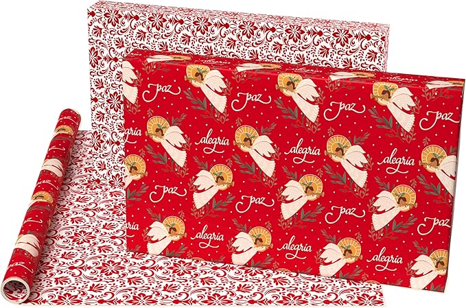 American Greetings Reversible Religious Christmas Wrapping Paper Roll with Angels, Red and White Holiday Gift Wrap (60 sq. ft., 1 Standard Roll Wrap-30 in. x 24 ft.) Papel de Regalo de Navidad